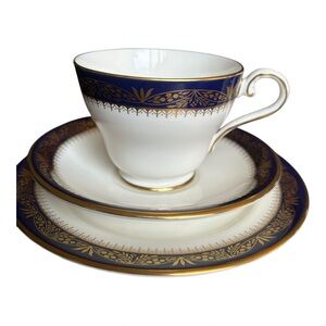 Aynsley Balmoral Blue and 22kt Gold Teacup, Saucer and Dessert Plate Set.